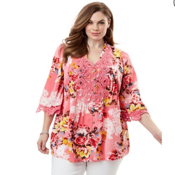 Denim 24/7 Tops - ROAMAN'S Juliet Lace Bigshirt Long Shirt Blouse Multicolor Floral Print Pink 12W